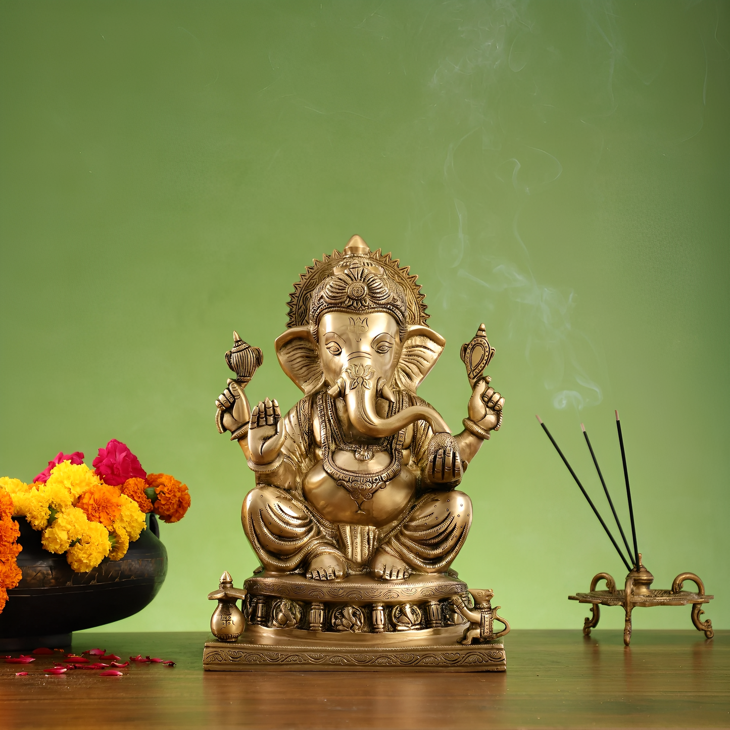 Brassaura® Brass Lord Ganesha Statue with Ashtavinayak Base | Handcrafted Fine Brass Idol | Height 13 Inches