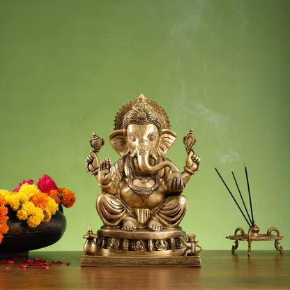 Brassaura® Brass Lord Ganesha Statue with Ashtavinayak Base | Handcrafted Fine Brass Idol | Height 13 Inches