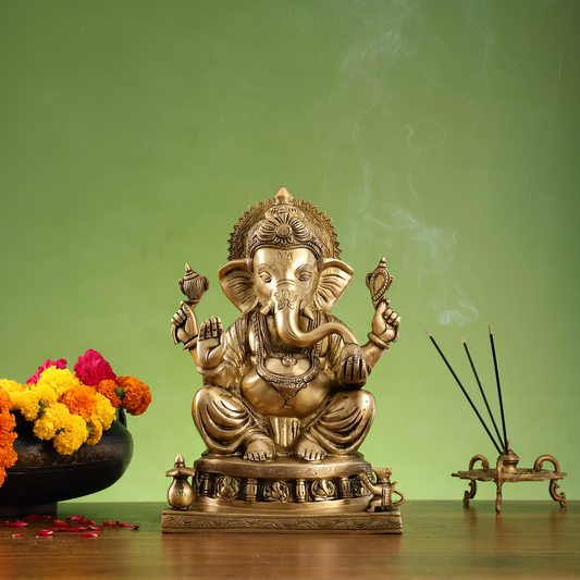 ब्रस्सौड़ा® पीतल भगवान गणेश प्रतिमा अष्टविनायक आधार के साथ | हस्तनिर्मित उत्कृष्ट पीतल की मूर्ति | ऊंचाई 13 इंच