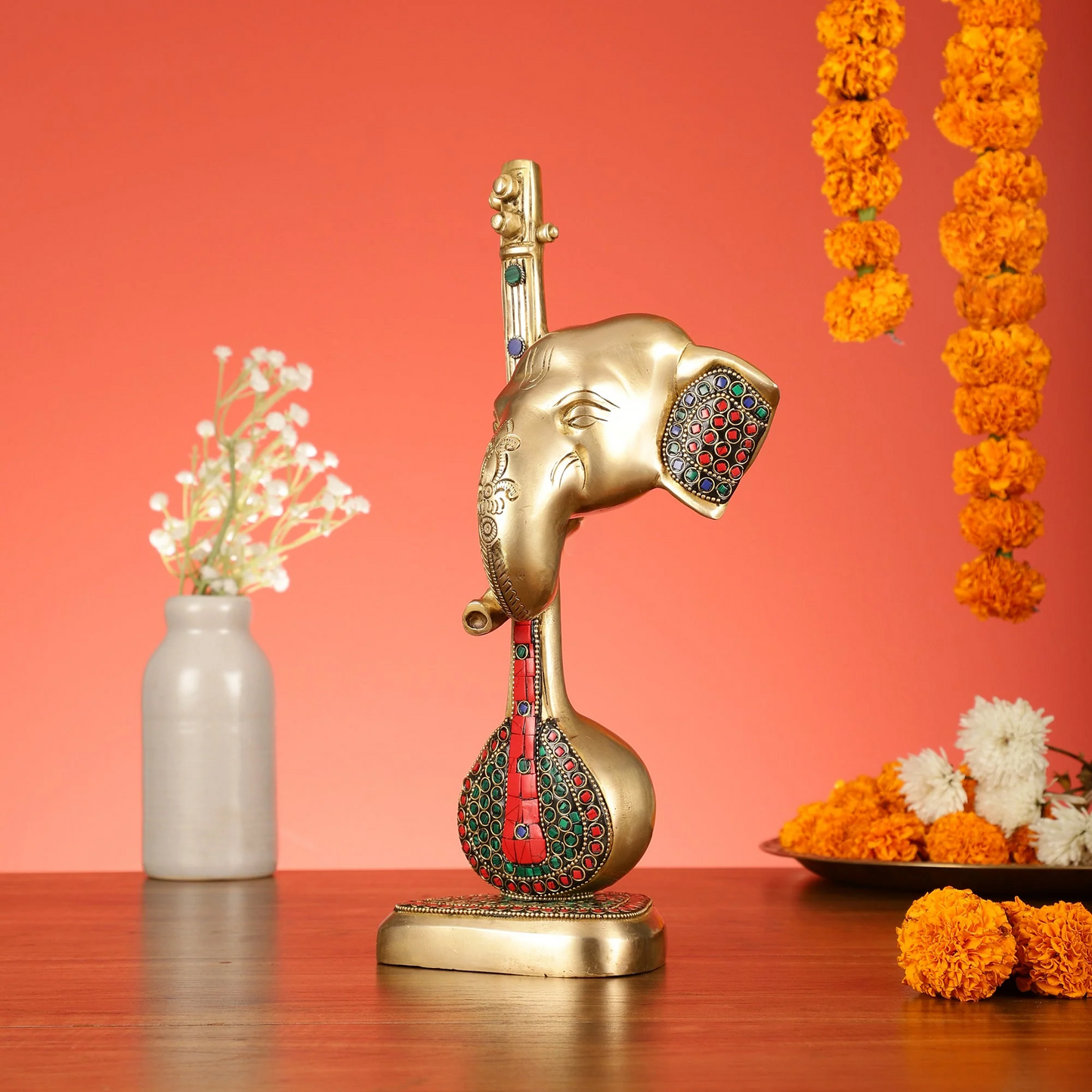 Brassaura™ Pure Brass Lord Ganesha with Sitar & Veena Idol | Superfine Handcrafted Showpiece | Weight 3.7 Kgs | Height 12 Inches