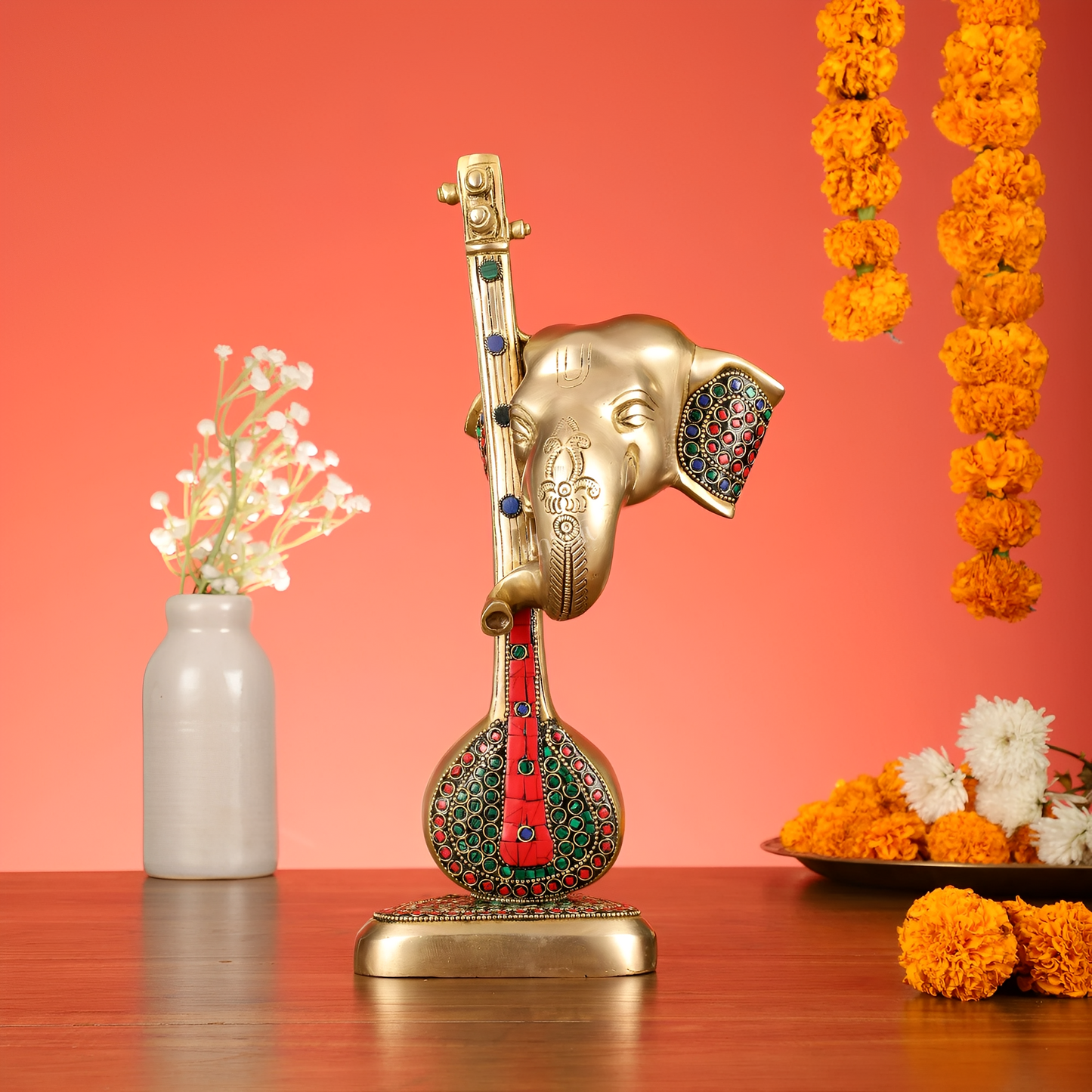 Brassaura™ Pure Brass Lord Ganesha with Sitar & Veena Idol | Superfine Handcrafted Showpiece | Weight 3.7 Kgs | Height 12 Inches