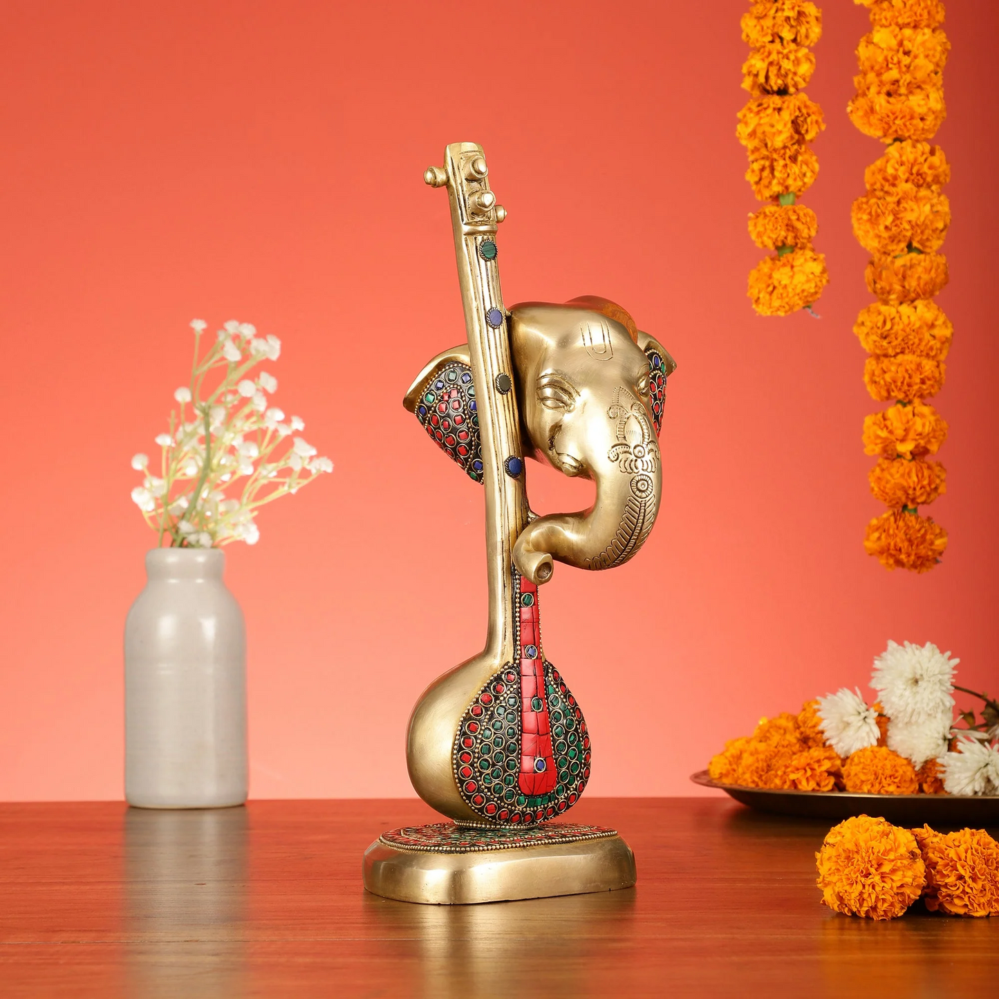 Brassaura™ Pure Brass Lord Ganesha with Sitar & Veena Idol | Superfine Handcrafted Showpiece | Weight 3.7 Kgs | Height 12 Inches