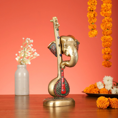 Brassaura™ Pure Brass Lord Ganesha with Sitar & Veena Idol | Superfine Handcrafted Showpiece | Weight 3.7 Kgs | Height 12 Inches