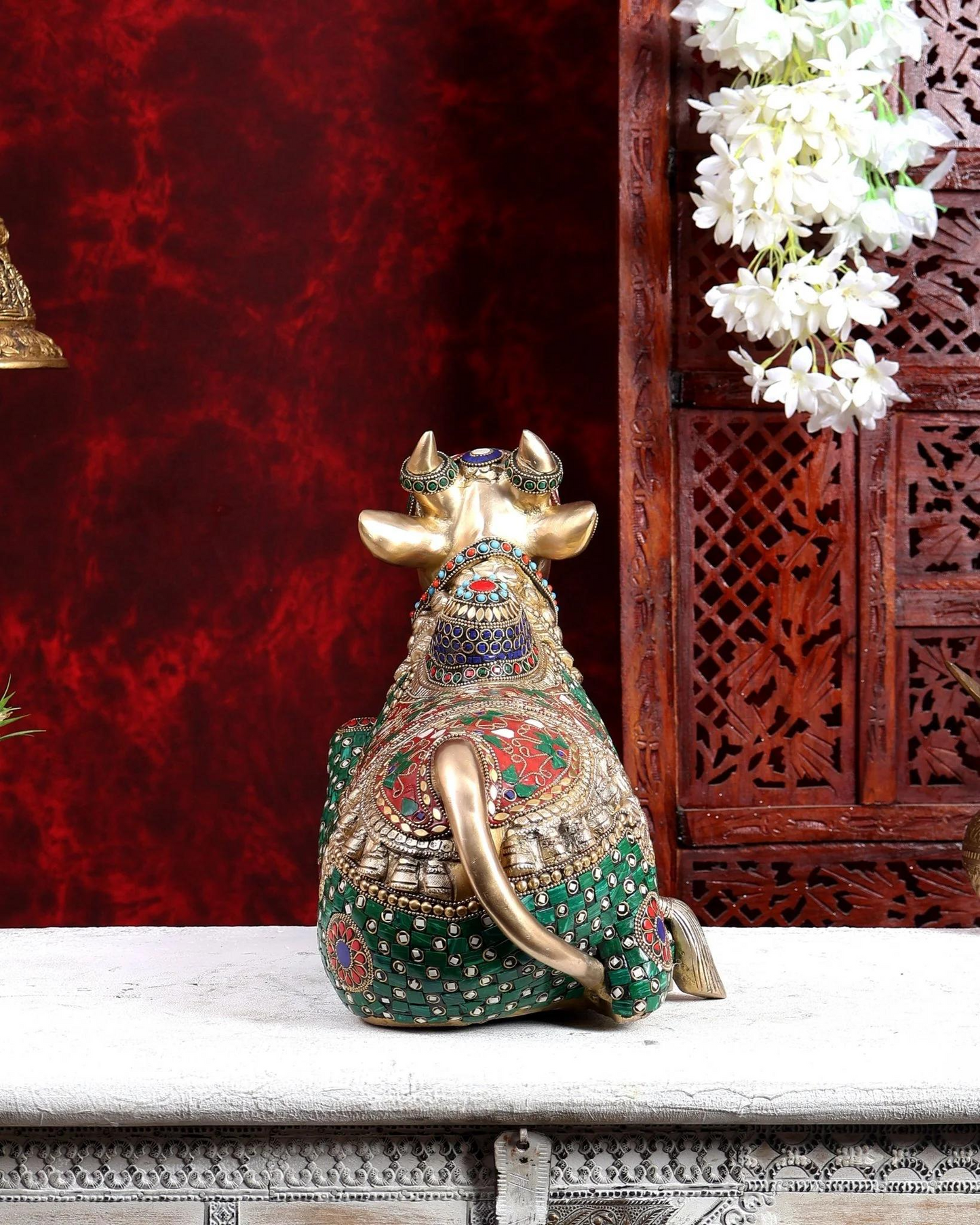 Brassaura® Nandi Idol with Stonework | Handcrafted Sacred Nandi Bull Statue for Home Temple & Spiritual Décor | Height 12 Inches | Weight 14.86 Kgs