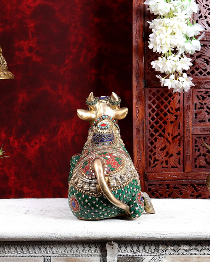 Brassaura® Nandi Idol with Stonework | Handcrafted Sacred Nandi Bull Statue for Home Temple & Spiritual Décor | Height 12 Inches | Weight 14.86 Kgs