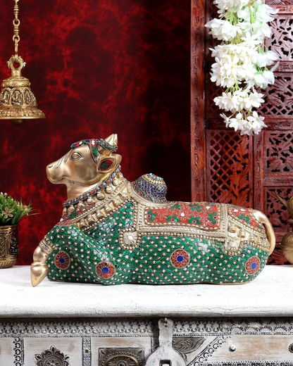 Brassaura® Nandi Idol with Stonework | Handcrafted Sacred Nandi Bull Statue for Home Temple & Spiritual Décor | Height 12 Inches | Weight 14.86 Kgs