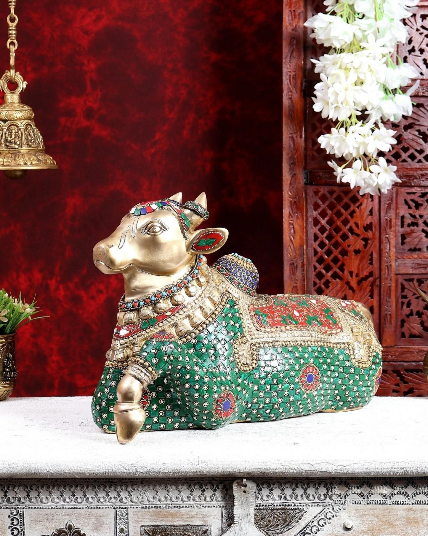 Brassaura® Nandi Idol with Stonework | Handcrafted Sacred Nandi Bull Statue for Home Temple & Spiritual Décor | Height 12 Inches | Weight 14.86 Kgs