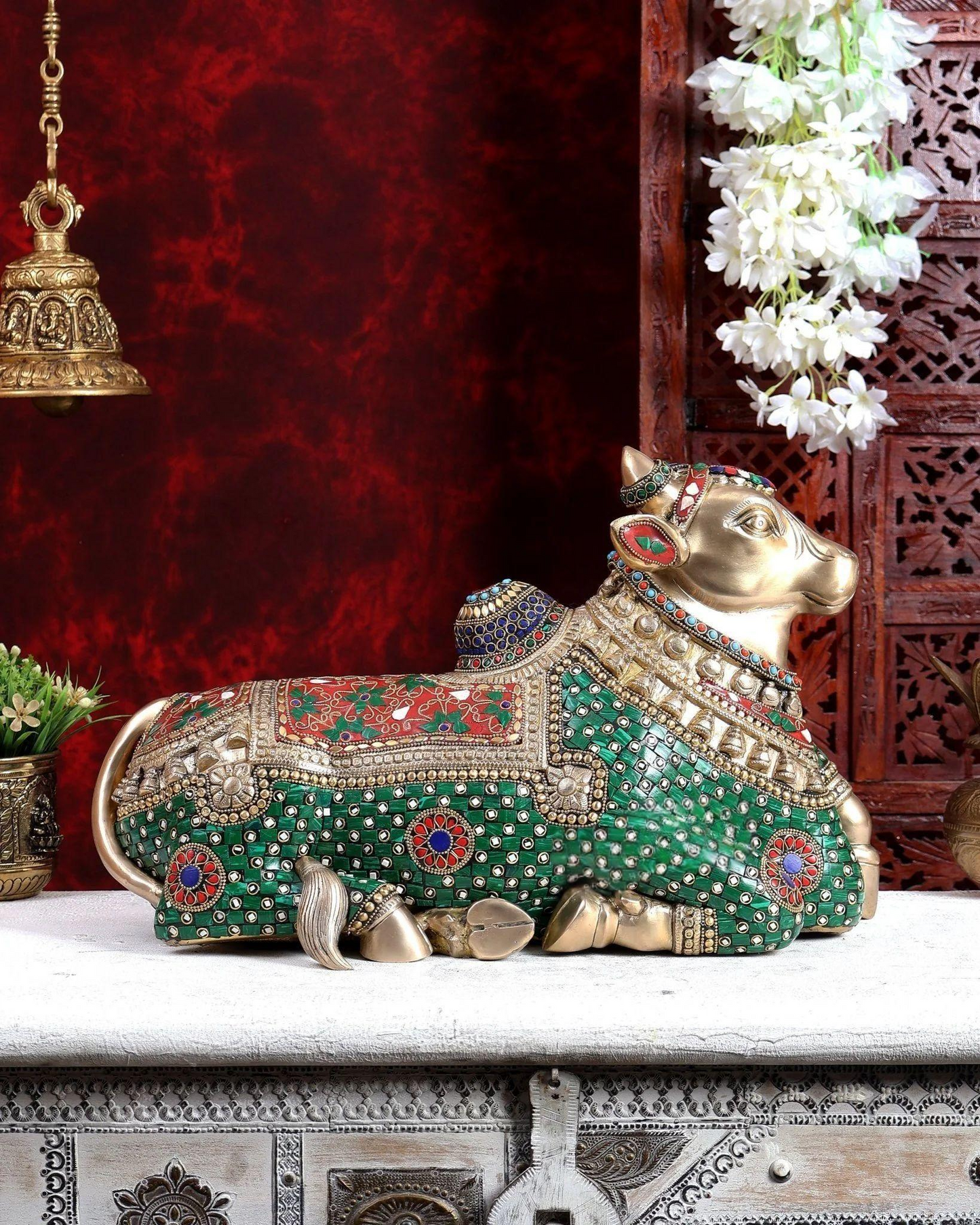 Brassaura® Nandi Idol with Stonework | Handcrafted Sacred Nandi Bull Statue for Home Temple & Spiritual Décor | Height 12 Inches | Weight 14.86 Kgs