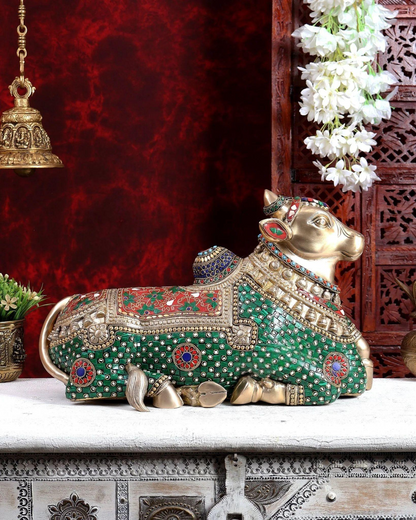 Brassaura® Nandi Idol with Stonework | Handcrafted Sacred Nandi Bull Statue for Home Temple & Spiritual Décor | Height 12 Inches | Weight 14.86 Kgs