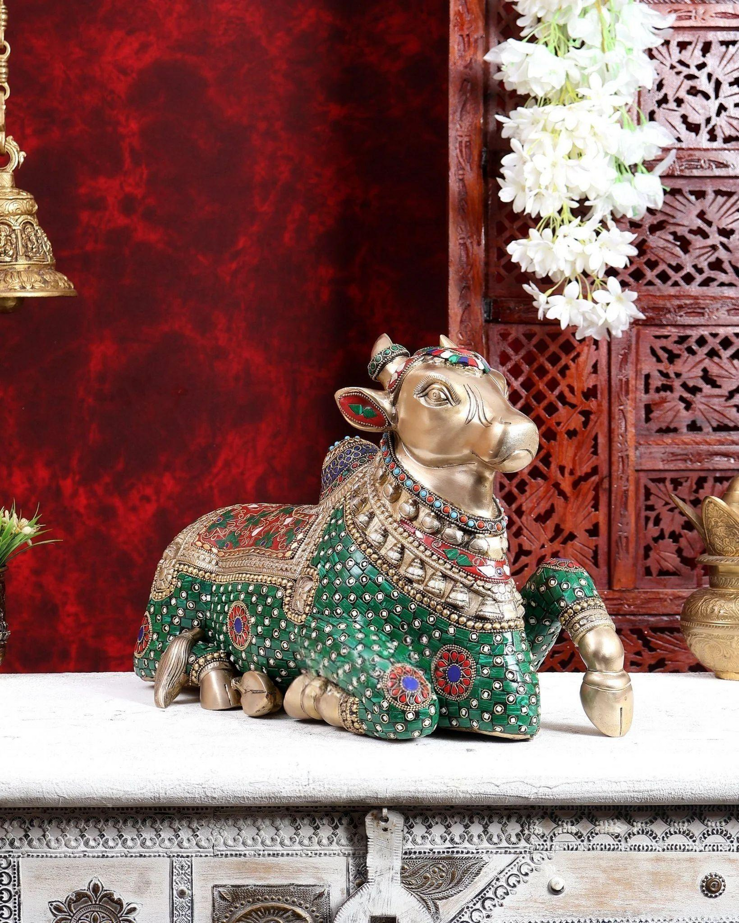 Brassaura® Nandi Idol with Stonework | Handcrafted Sacred Nandi Bull Statue for Home Temple & Spiritual Décor | Height 12 Inches | Weight 14.86 Kgs