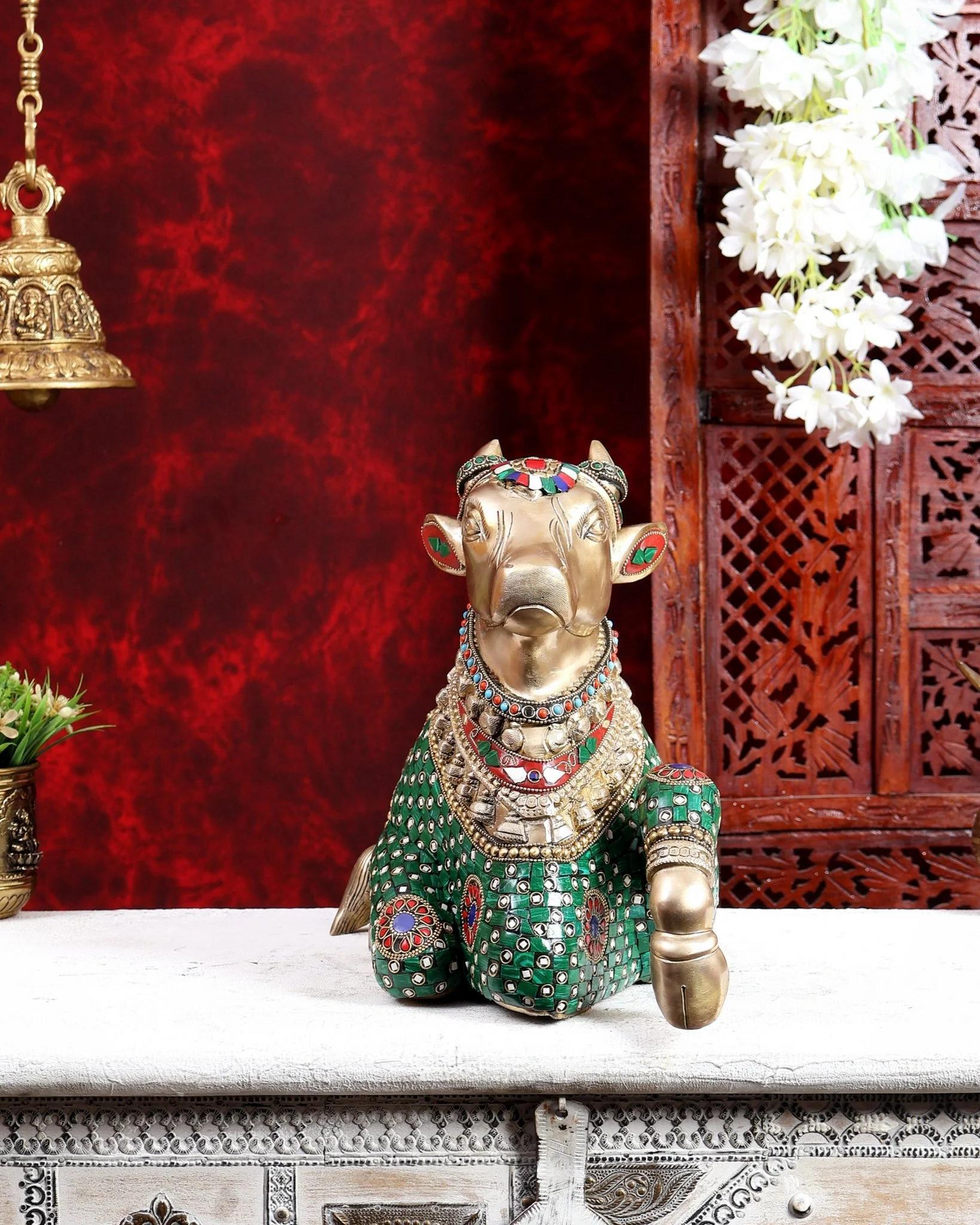 Brassaura® Nandi Idol with Stonework | Handcrafted Sacred Nandi Bull Statue for Home Temple & Spiritual Décor | Height 12 Inches | Weight 14.86 Kgs