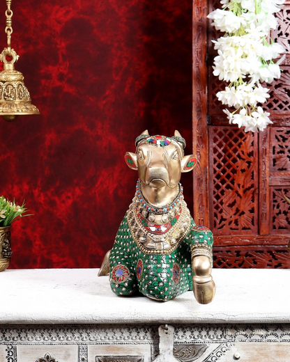 Brassaura® Nandi Idol with Stonework | Handcrafted Sacred Nandi Bull Statue for Home Temple & Spiritual Décor | Height 12 Inches | Weight 14.86 Kgs