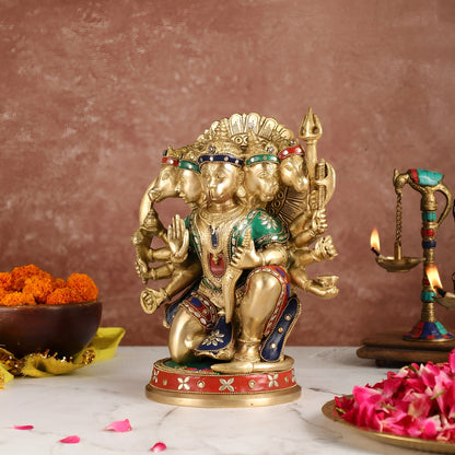 Brassaura™ Brass Panchmukhi Hanuman Idol – Height 11 Inches & Weight 6.6 Kgs | Handcrafted with Natural Stones