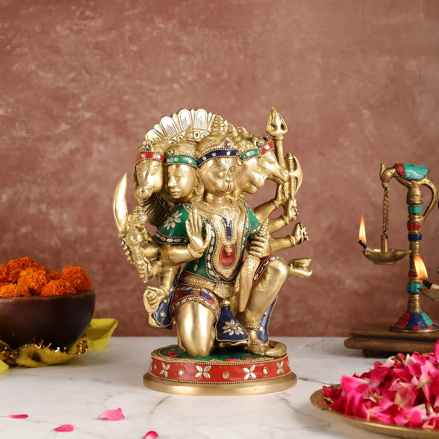 Brassaura™ Brass Panchmukhi Hanuman Idol – Height 11 Inches & Weight 6.6 Kgs | Handcrafted with Natural Stones