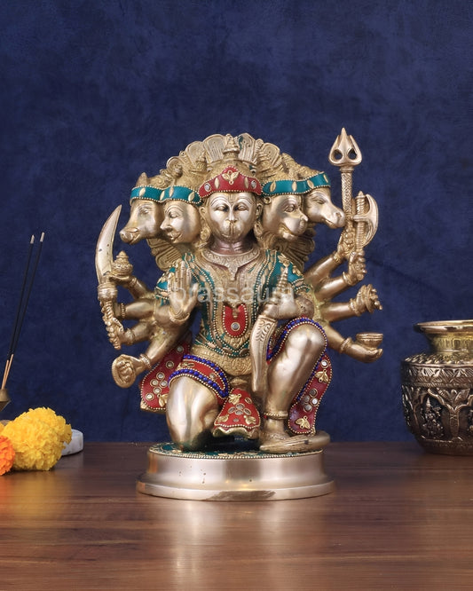Brassaura® Brass Panchmukhi Hanuman Idol – Height 11 Inches  | Handcrafted with Natural Stones