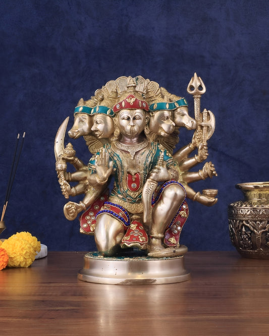Brassaura® Brass Panchmukhi Hanuman Idol – Height 11 Inches  | Handcrafted with Natural Stones