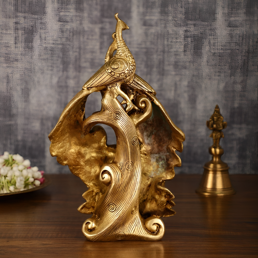 Brassaura™ Brass Superfine Peacock Pair Sitting on Tree Trunk – Height 12 Inches & Weight 4 Kgs