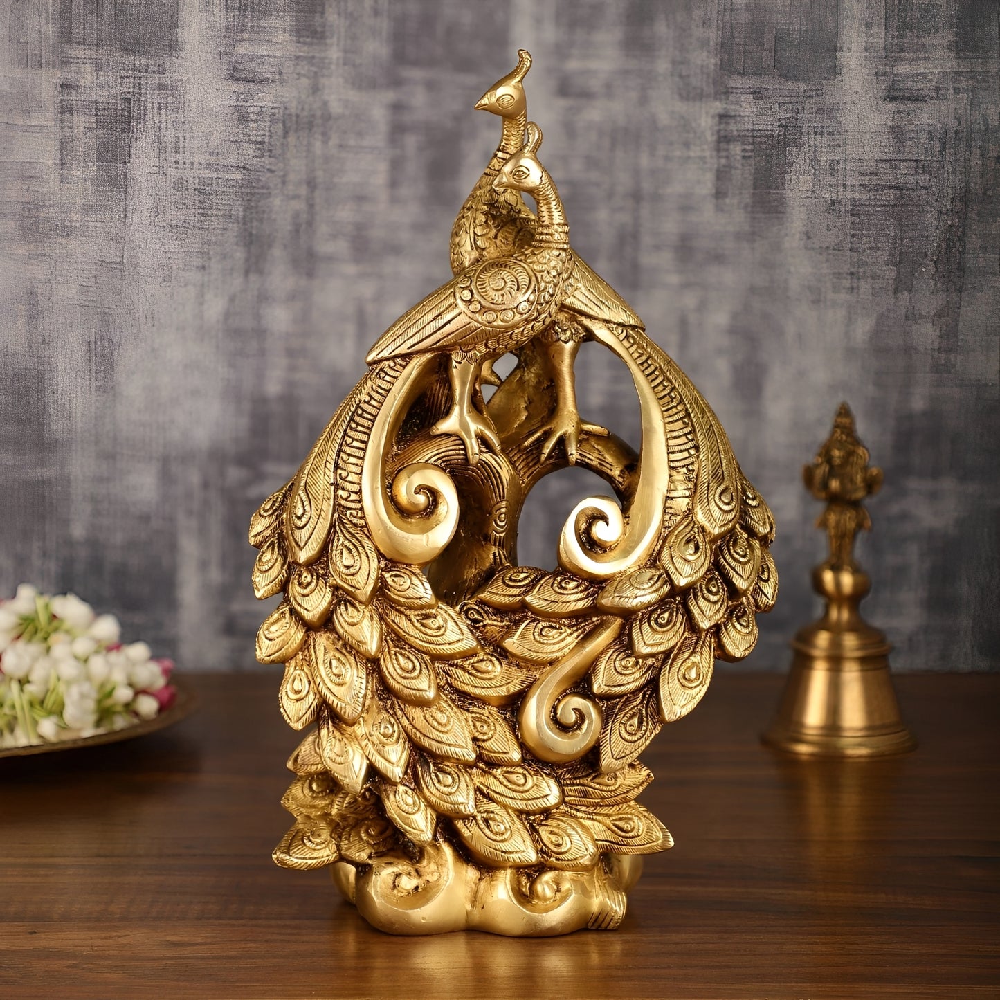 Brassaura™ Brass Superfine Peacock Pair Sitting on Tree Trunk – Height 12 Inches & Weight 4 Kgs