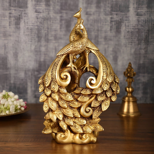 Brassaura® Brass Superfine Peacock Pair Sitting on Tree Trunk – Height 12 Inches & Weight 4 Kgs