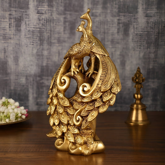 Brassaura® Brass Superfine Peacock Pair Sitting on Tree Trunk – Height 12 Inches & Weight 4 Kgs
