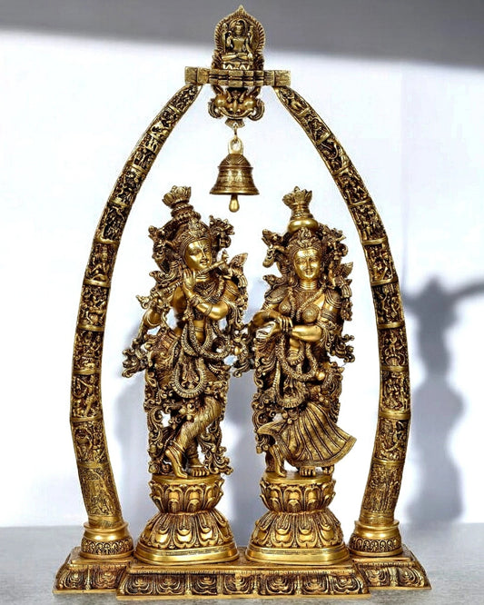 Brassaura™ Brass Radha Krishna Idol Pair with Arch & Krishna Leelas – Height 29 Inches & Weight 65 Kgs | Divine Devotional Statue