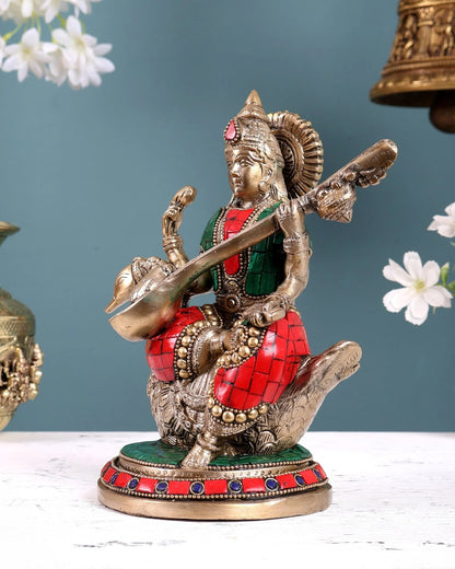 Brassaura® Brass Superfine Saraswati Idol | Height 8.5 Inches
