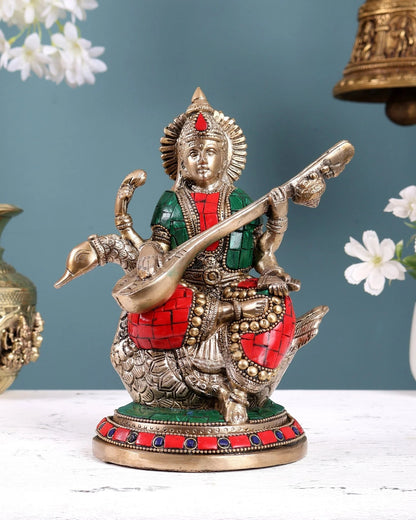 Brassaura® Brass Superfine Saraswati Idol | Height 8.5 Inches