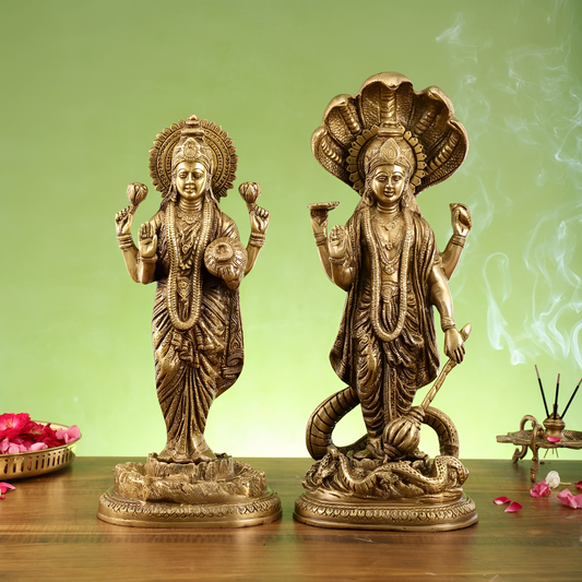 Brassaura™ Vishnu & Lakshmi Brass Idol Set – 13.79kg – 17-Inch Vishnu & 15-Inch Lakshmi – Handcrafted Statues for Wealth, Protection & Spiritual Decor