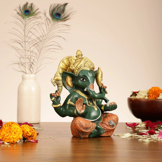 Brassaura™ Brass Taj Ganesha Idol | Handcrafted Sharp Features | Height 8 Inches & Weight 3 Kgs