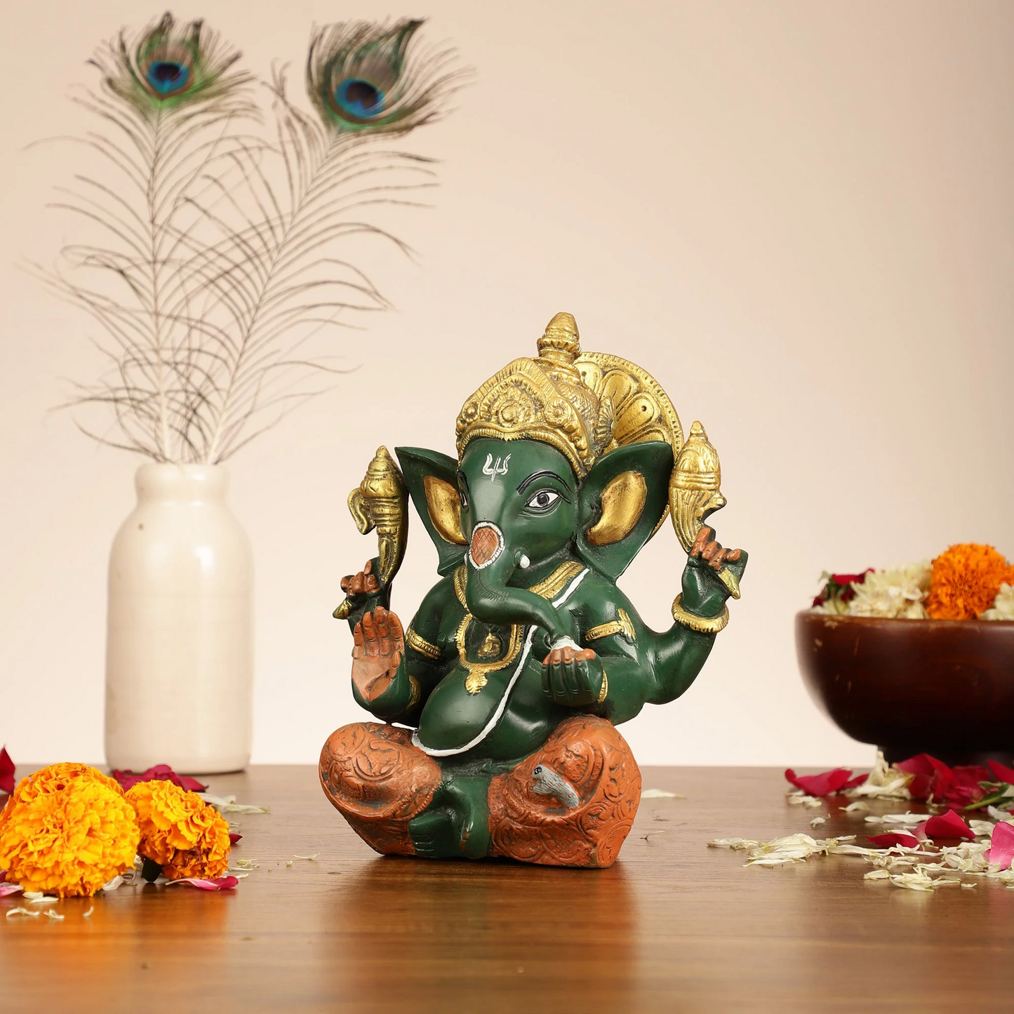 Brassaura™ Brass Taj Ganesha Idol | Handcrafted Sharp Features | Height 8 Inches & Weight 3 Kgs