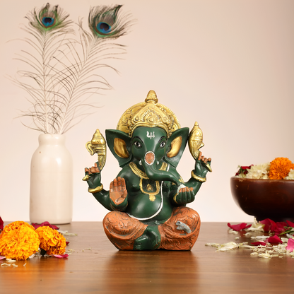 Brassaura® Brass Taj Ganesha Idol | Handcrafted Sharp Features | Height 8 Inches