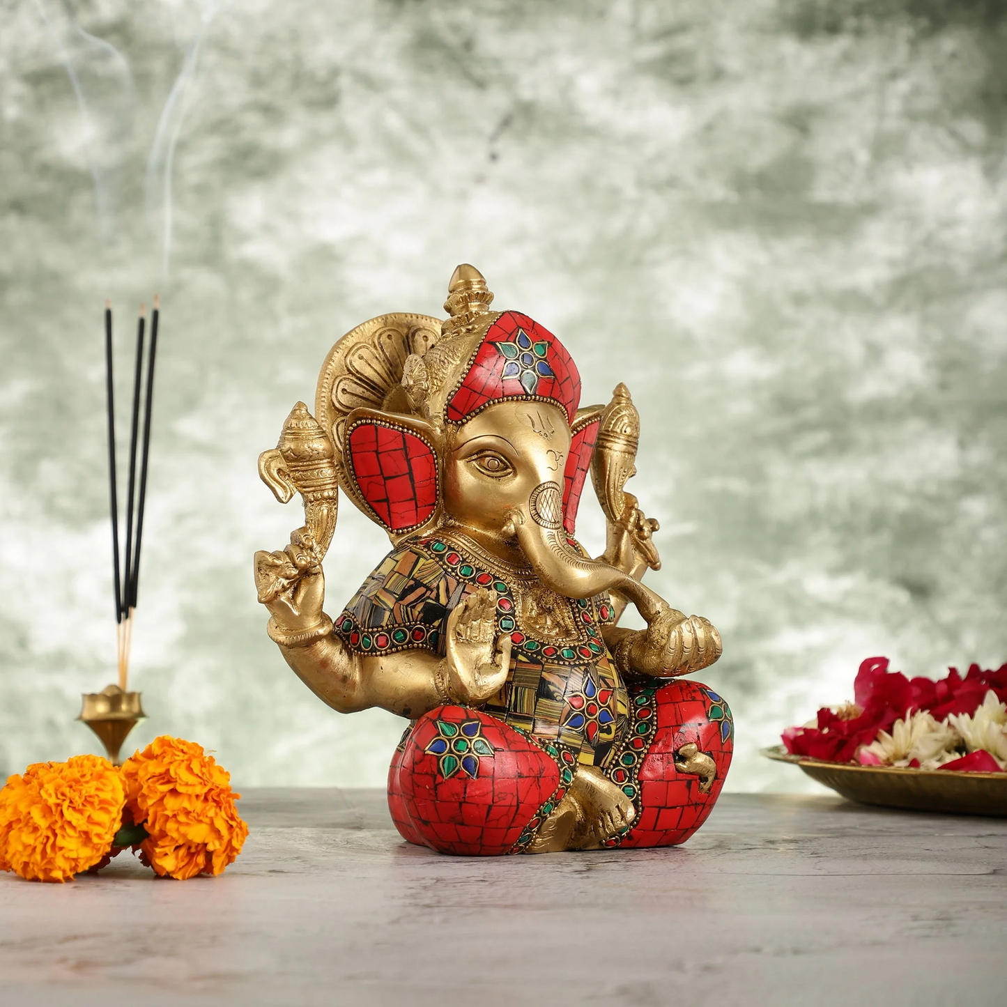 Brassaura™ Brass Taj Ganesha Idol | Handcrafted with Stonework | Height 8 Inches & Weight 3 Kgs
