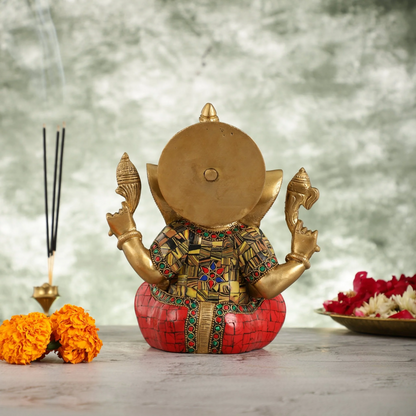 Brassaura™ Brass Taj Ganesha Idol | Handcrafted with Stonework | Height 8 Inches & Weight 3 Kgs