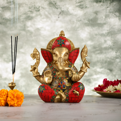 Brassaura® Brass Taj Ganesha Idol | Handcrafted with Stonework | Height 8 Inches