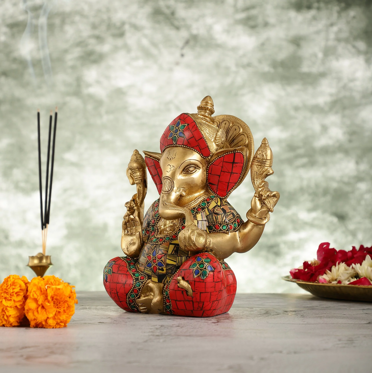 Brassaura™ Brass Taj Ganesha Idol | Handcrafted with Stonework | Height 8 Inches & Weight 3 Kgs