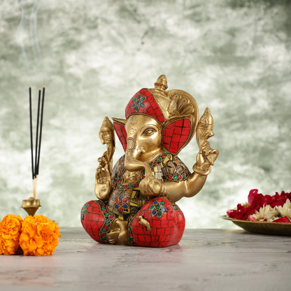 Brassaura™ Brass Taj Ganesha Idol | Handcrafted with Stonework | Height 8 Inches & Weight 3 Kgs