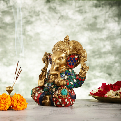Brassaura™ Brass Taj Ganesha Idol | Handcrafted with Stonework | Height 8 Inches & Weight 3 Kgs | Temple & Home Décor
