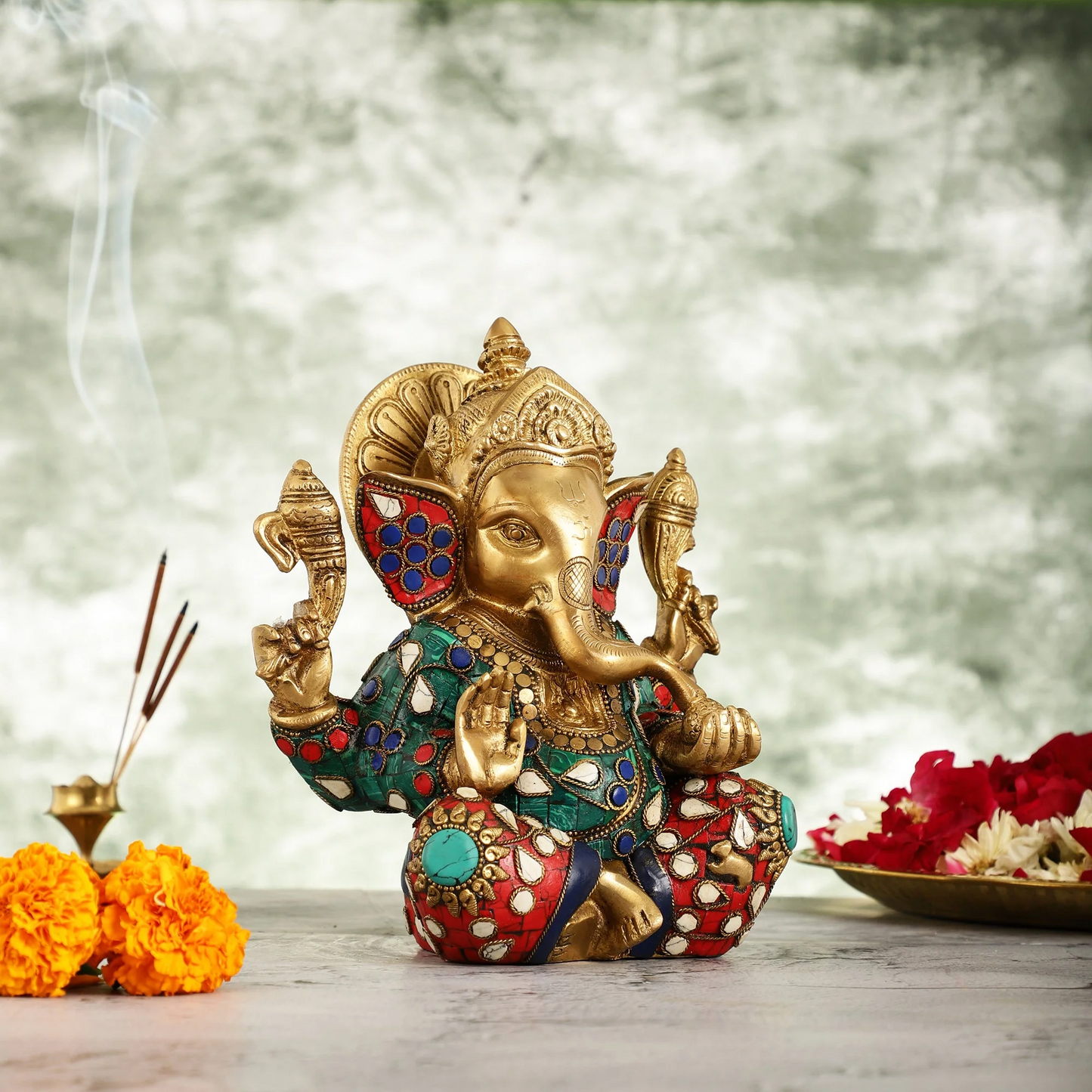 Brassaura™ Brass Taj Ganesha Idol | Handcrafted with Stonework | Height 8 Inches & Weight 3 Kgs | Temple & Home Décor