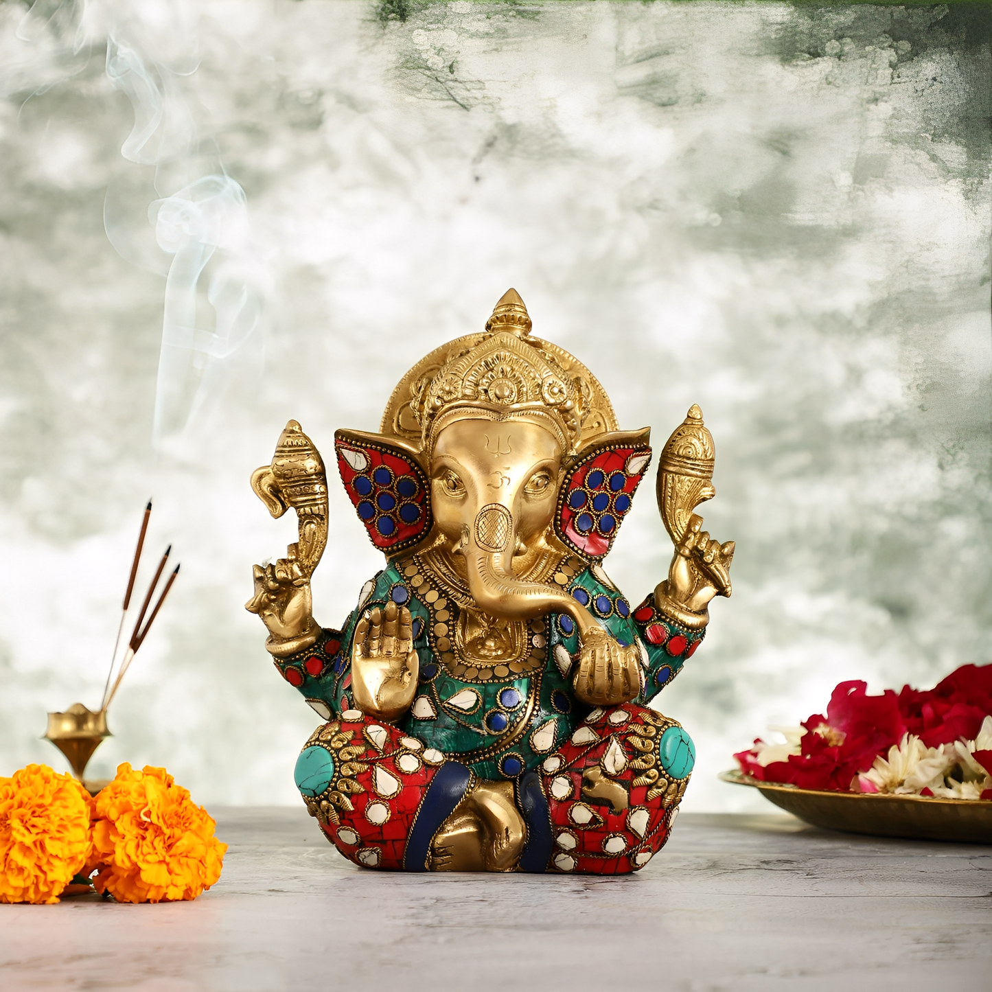 Brassaura® Brass Taj Ganesha Idol | Handcrafted with Stonework | Height 8 Inches | Temple & Home Décor