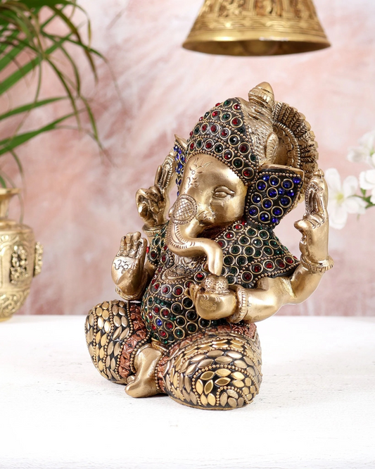 Brassaura® Brass Ganesha Taj Ganesha Idol with Jewellery Stonework | Height 7 Inches
