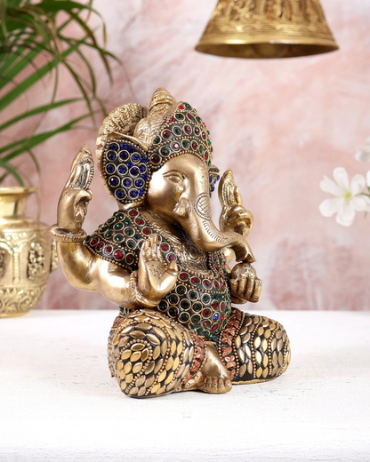 Brassaura® Brass Ganesha Taj Ganesha Idol with Jewellery Stonework | Height 7 Inches