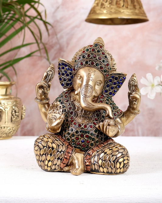 Brassaura® Brass Ganesha Taj Ganesha Idol with Jewellery Stonework | Height 7 Inches