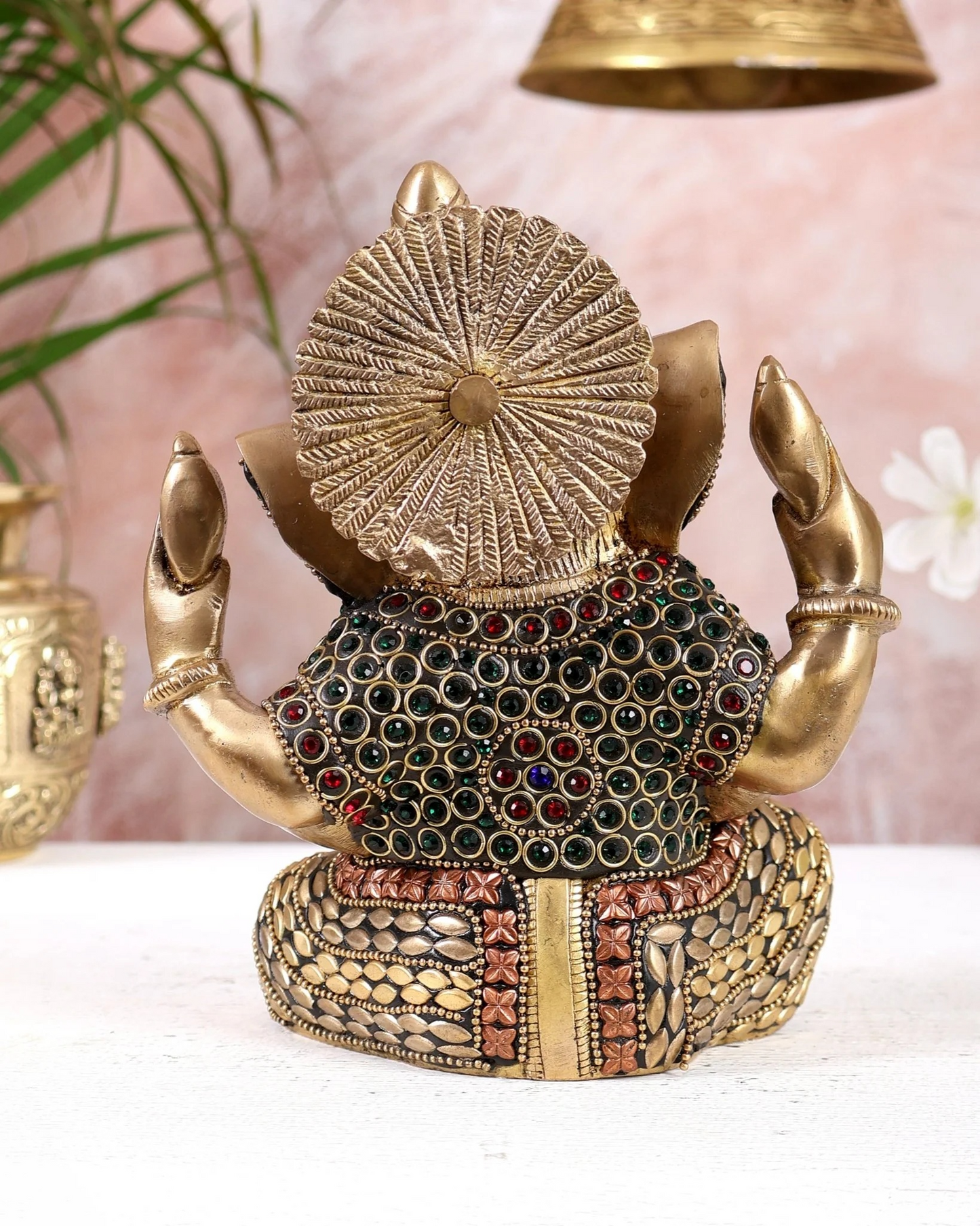 Brassaura® Brass Ganesha Taj Ganesha Idol with Jewellery Stonework | Height 7 Inches