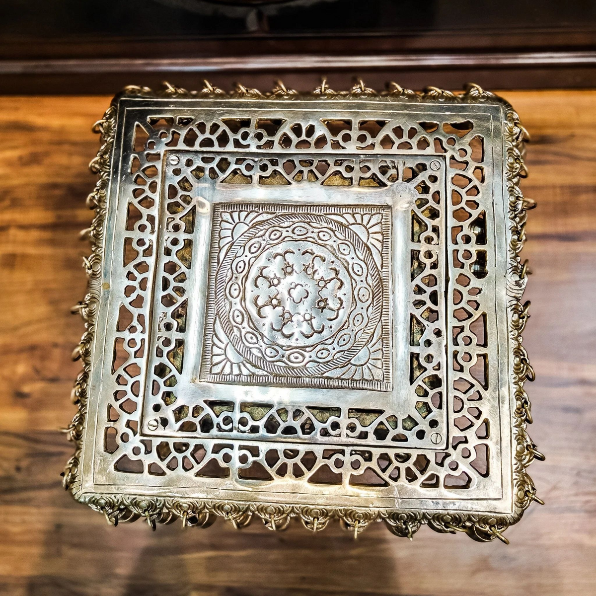 Brassaura® Tall Brass Chowki Stand with Intricate Jaali Work & Bells | Pure Superfine Brass Handcrafted Pedestal | Brass Bajot for Home Temple, Pooja Room | Height 15 Inches | Weight 16 Kgs