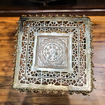 Brassaura® Tall Brass Chowki Stand with Intricate Jaali Work & Bells | Pure Superfine Brass Handcrafted Pedestal | Brass Bajot for Home Temple, Pooja Room | Height 15 Inches | Weight 16 Kgs