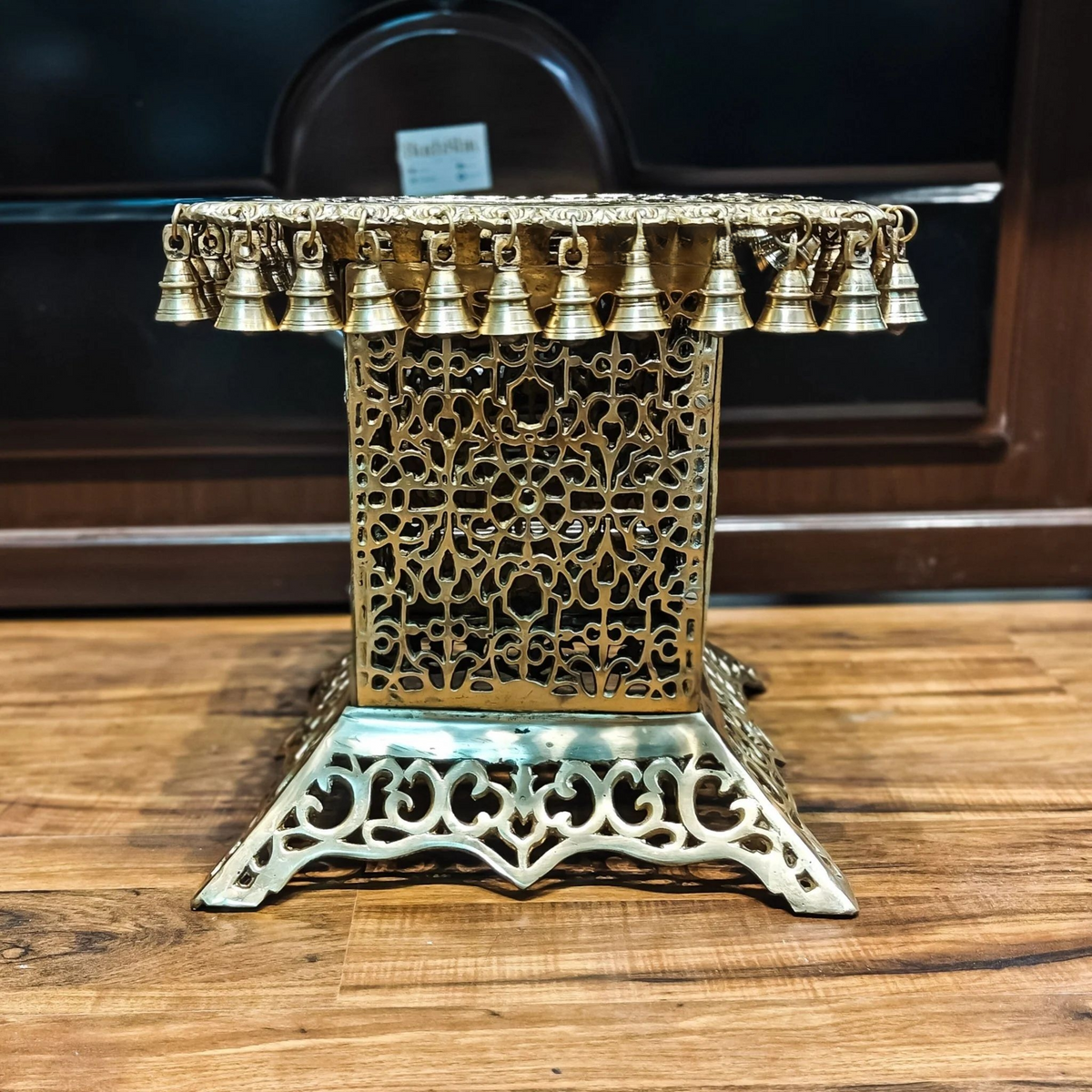 Brassaura® Tall Brass Chowki Stand with Intricate Jaali Work & Bells | Pure Superfine Brass Handcrafted Pedestal | Brass Bajot for Home Temple, Pooja Room | Height 15 Inches | Weight 16 Kgs