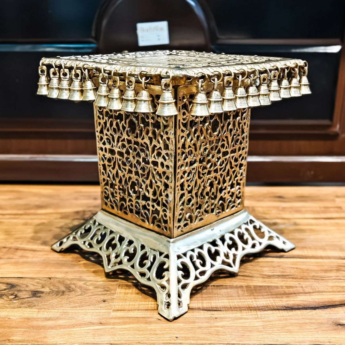 Brassaura® Tall Brass Chowki Stand with Intricate Jaali Work & Bells | Pure Superfine Brass Handcrafted Pedestal | Brass Bajot for Home Temple, Pooja Room | Height 15 Inches | Weight 16 Kgs