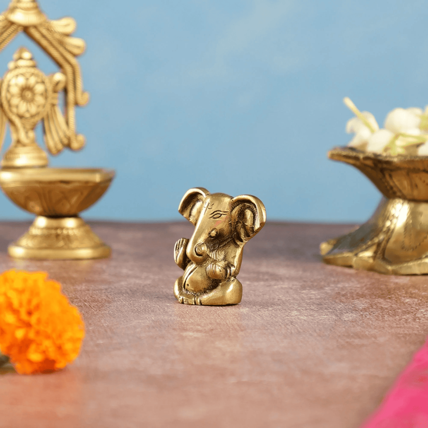 Brassaura™ Brass Tiny Ganesha Idol with Unique Big Ears | Height 2 Inches & Weight 100 Grams