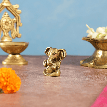Brassaura™ Brass Tiny Ganesha Idol with Unique Big Ears | Height 2 Inches & Weight 100 Grams