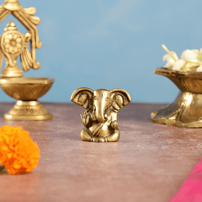 Brassaura™ Brass Tiny Ganesha Idol with Unique Big Ears | Height 2 Inches & Weight 100 Grams